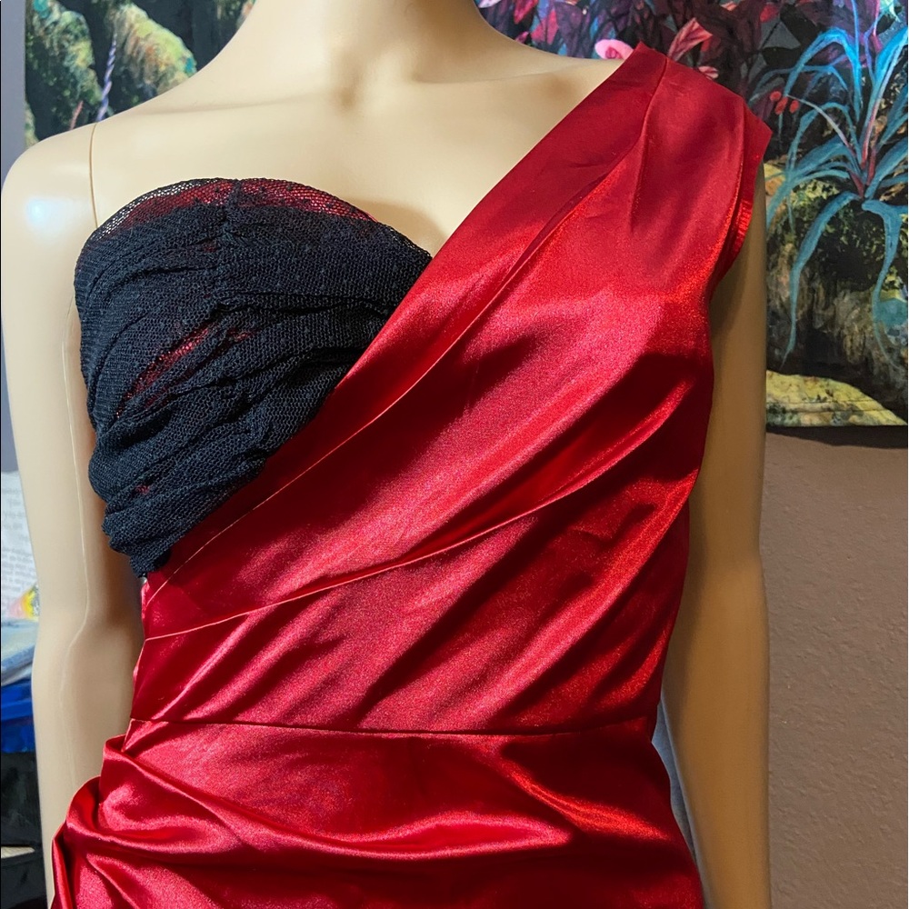 Stop Staring red satin off-shoulder dress